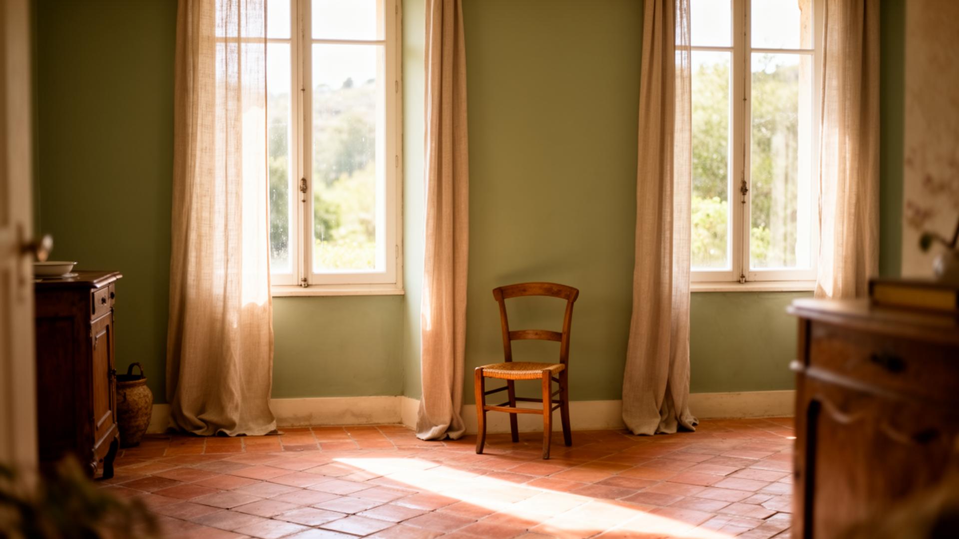 Intérieur lumineux d'une maison française aux tons sage et terracotta
